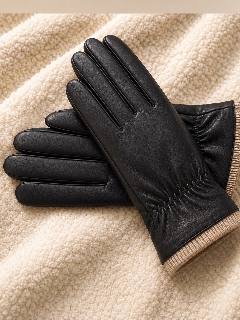 Black Faux Leather Wool Blend Touchscreen Gloves Women’s Size 6.5 Winter